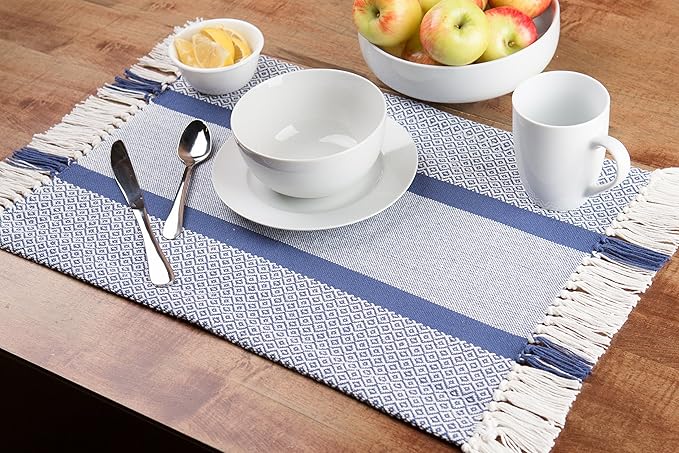 Sticky Toffee Cotton Placemats Set of 4 – Blue Woven 14x19 in Table Mats for Kitchen or Dining Table, Boho Style, Washable Cloth Placemats