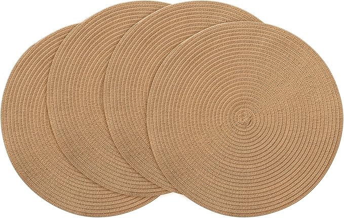 Floroom 15 Inch Round Braided Placemats Set of 4, Washable Heat Resistant Cotton Polyester Circle Place Mats for Kitchen Dining Table - Brown