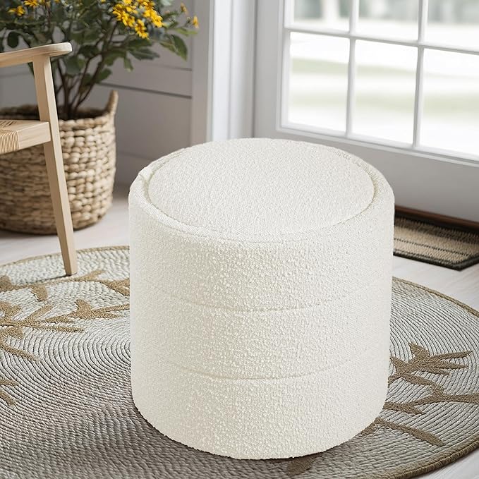 HomePop Storage Round Ottoman with Removable Lid Home Décor|Upholstered Round Foot Rest Ottoman - Cream Boucle