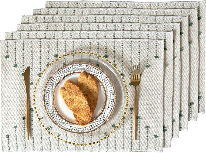 Placemats Set of 6 for Dining Table Décor, Woven Cloth Place Mats for Farmhouse Kitchen Tabletop, Handcrafted Machine Washable Cotton Table mats 13 x 19 Inch, Green and Beige