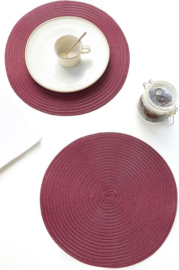 Floroom 15 Inch Round Braided Placemats Set of 6, Washable Heat Resistant Cotton Polyester Circle Place Mats for Kitchen Dining Table - Burgundy
