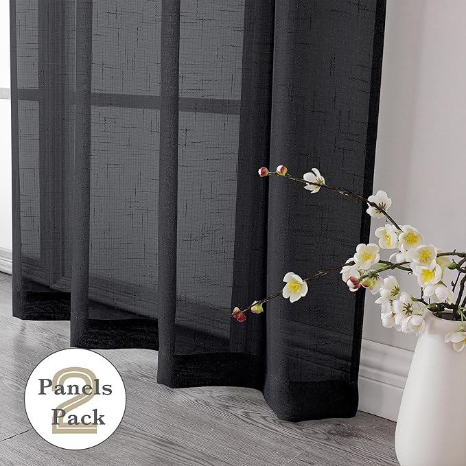 Aiyufeng Black Sheer Curtains, 72 inches Long 2 Panels, Fresh Textured Semi Sheer Linen Breathable Elegant Door Curtains & Drapes for Farmhouse/Living Room/Kitchen, 40Wx72L inch