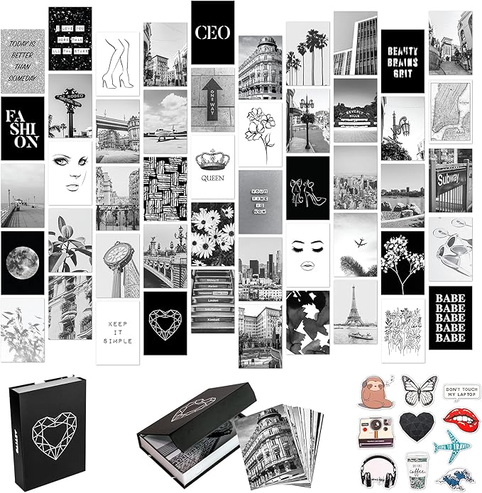Artivo Black White Aesthetic Picture for Wall Collage 50 set 4x6, City Chic Wall Decor for Teen Girls, Aesthetic Posters, Black Collage Pictures, College Dorm Room Decor, Photo Collection