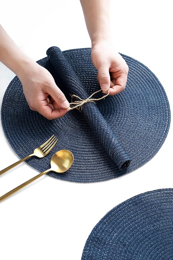 Floroom 15 Inch Round Braided Placemats Set of 4, Washable Heat Resistant Cotton Polyester Circle Place Mats for Kitchen Dining Table - Navy Blue