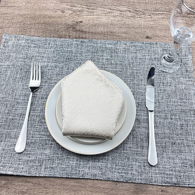 Weabetfu Cloth Placemats Set of 6 Heat Resistant Dining Table Placemmats Cotton Linen Machine Washable Kitchen Table Mats Wrinkle Free Thick Fabric Place Mat,Easy to Clean,13"x19",Mottled Grey w/Brown