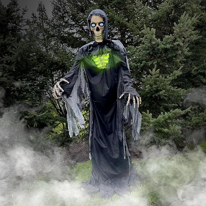 Haunted Hill Farm Motion-Activated 10-Ft. Tall Towering Reaper, Plug-in Talking Scare Prop Animatronic with Spooky Sound Effects and Lights for Indoor or Covered Outdoor Creepy Halloween Decoration