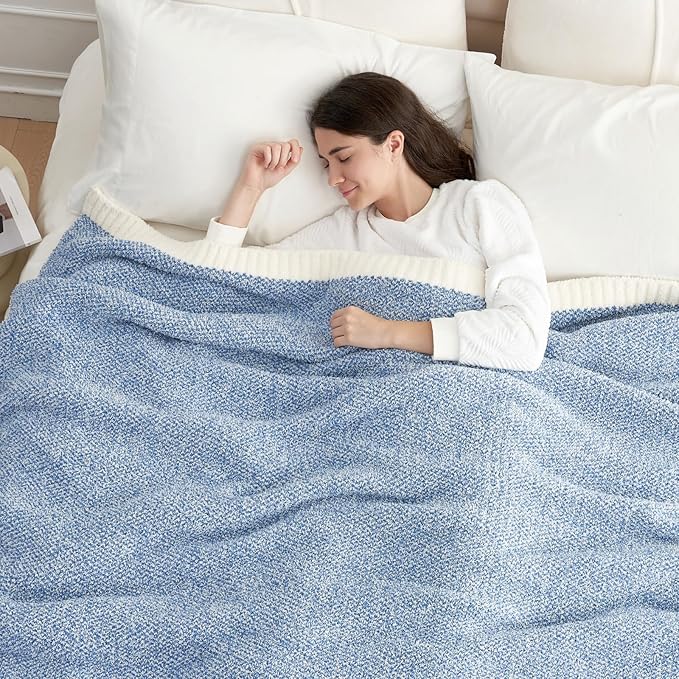 Snuggle Sac Blue Bedding Blanket Twin Size for Bed and Sofa, Reversible Super Soft Blankets Warm Cozy Knit Blankets Fuzzy Plush for Couch, Living Room, Blue, 60x80 inches