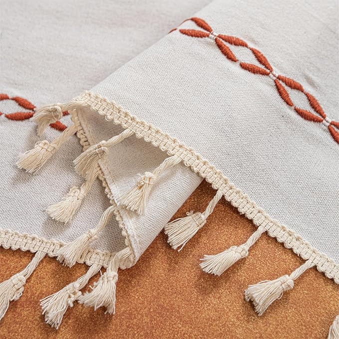 Sutuo Home Boho Curtains 96 Inch Long for Bedroom Dining Living Room, Light Filtering Cotton Embroideried Bohemian Striped Farmhouse Fall Halloween Decor, 1 Panel W52 x L96,White and Terracotta