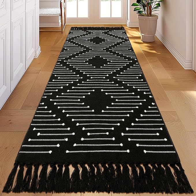 Tritard Boho Runner Rug 2x8 - Lightweight Washable Long Hallway Rug with Tassel, Thin Woven Farmhouse Kitchen Runner Rugs Cotton Aztec Indoor Carpet for Entryway, Laundry, Bathroom, Black and White
