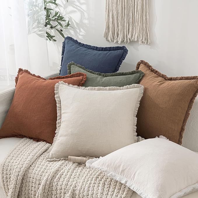 MIULEE Decorative Throw Pillow Covers Neutral Linen Fringe Throw Pillows Euro Shams Set of 2 Brown Boho Farmhouse Cushion Covers for Couch Sofa Bed Living Room Spring Home Decor 24x24 Inch