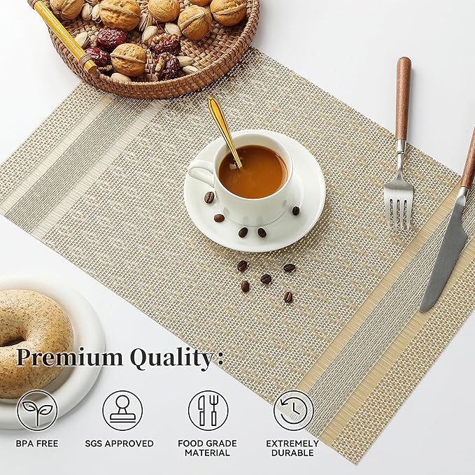 Leetaltree Stardust Yellow Placemats Set of 12 - Heat Resistant Non-Slip Place mats for Dining Table, Washable Durable PVC Vinyl Woven Table Mats(Stardust Yellow, 12)