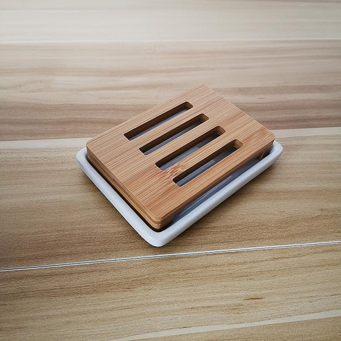 Lofekea Soap Dish Holder, Self Draining Soap Saver Bar Soap Holder for Shower Ceramic Soap Dish for Shower,Bathroom, Kitchen (Bamboo)