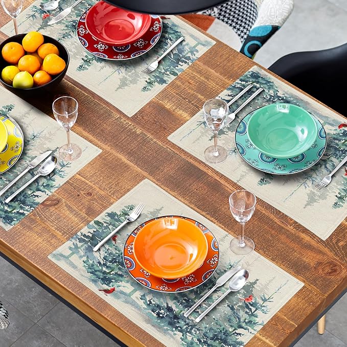 Winter Forest Tree Placemats Set of 4,Pine Tree Christmas Red Bird Heat Resistant Non Slip Place Mats Cotton Linen Tablemats for Dining Table Kitchen Decor 18 x 12 Inch