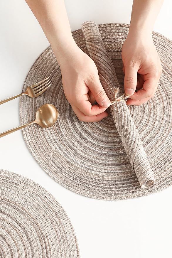 Floroom 15 Inch Round Braided Placemats Set of 4, Washable Heat Resistant Cotton Polyester Circle Place Mats for Kitchen Dining Table - Rainbow Gray