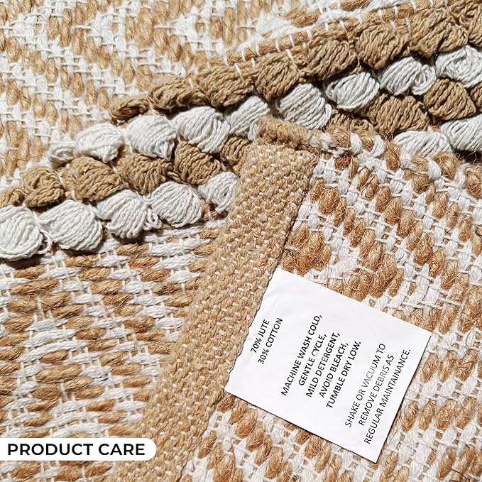 Bedding Craft Jute Cotton Stripe Area Rug Runner for Living Room 24x72 Inch - Natural Ivory - Machine Washable 2x6 Feet Rugs - 70% Jute and 30% Cotton