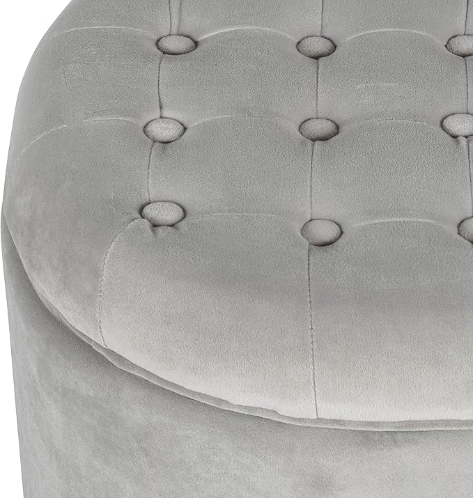 HomePop by Kinfine Fabric Upholstered Round Storage Ottoman - Velvet Button Tufted Ottoman with Removable Lid, Light Gray Small