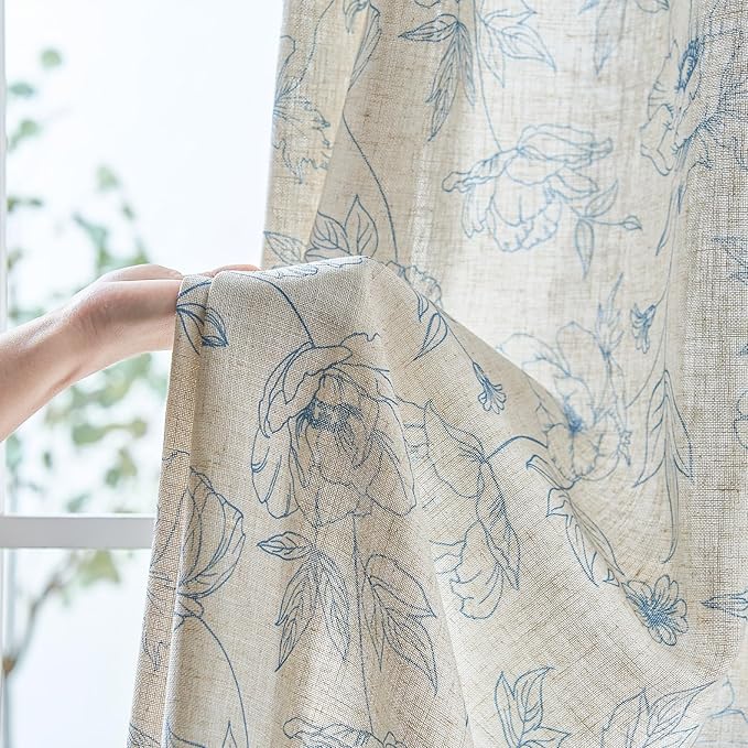 jinchan Floral Linen Curtains for Living Room 96 Inch Length Blue Flower Curtain Rod Pocket Back Tab Farmhouse Curtains with Printed Floral Bedroom Window Curtain Set, 2 Panels Blue