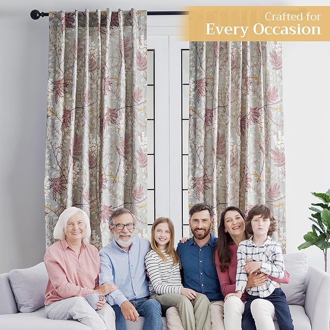 Maison d' Hermine Curtains for Living Room 100% Cotton 124 inch Length One Panel Light Filtering Curtains for Bedroom Windows with Rod and Loop Pockets Drapes (Feuillage Light Taupe, 50" W x 124" L)