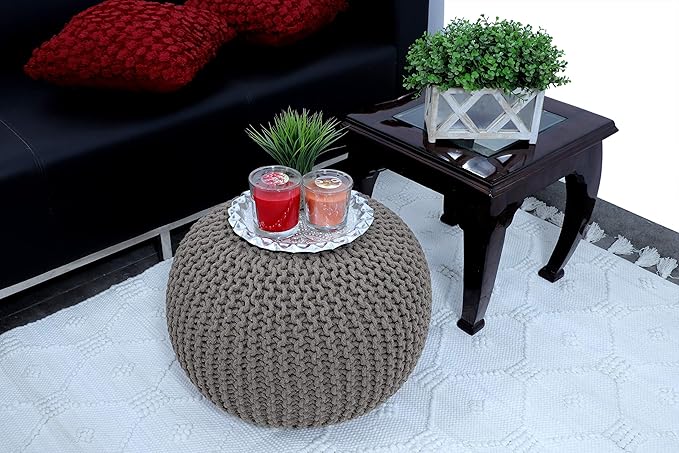 FRELISH DECOR Round Pouf Ottoman Hand Knitted 100% Cotton Pouf - Foot Stool - Knitted Bean Bag - Floor Chair for Living Room Bedroom - Foot Rest for Couch (20 Diameter x 14 Height) - Beige