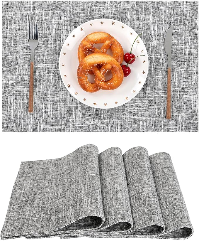 SHACOS Fabric Placemats Set of 4 Washable Heat Resistant Double Layer Thick Table Mats Non Slip Cloth Place Mats Indoor Outdoor, Light Grey White