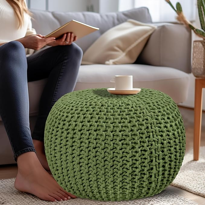 COTTON CRAFT Round Dori Pouf - Cotton Braid Cord Cable Knitted Ottoman - Foot Stool - Footrest - Floor Pouf - Accent Furniture - Woven Ottoman - Bean Bag - Living Room Dorm - 20 Dia x 14 High - Sage