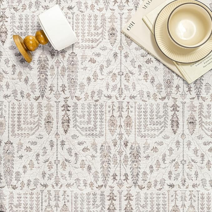 Area Rug 5x7 Washable Taupe Carpet Non Slip Large Boho Thin Floral Farmhouse Throw Accent Rug for Living Room Bedroom Office Kitchen Bathroom
