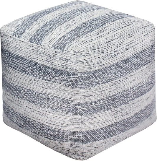 COTTON CRAFT Handwoven Stripe Dhurrie Pouf - Ottoman Foot Stool Bean Bag - Dorm Bedroom Home Décor Accent Seating - Boho Modern Comfortable Prefilled Cotton Pouf Footrest - 16 inch Square - Blue