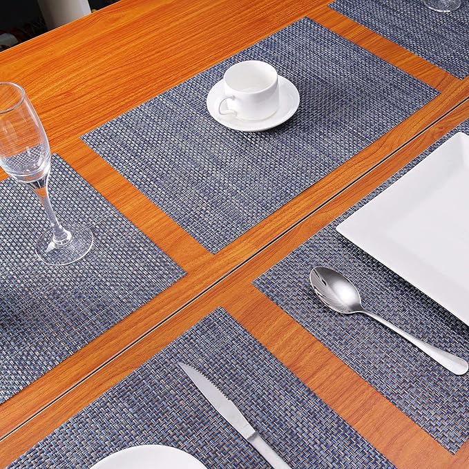 Zupro Placemats Set of 6 Washable Heat-Resistant Non-Slip Braided Table Mats Woven PVC Vinyl Kitchen Place Mats for Everyday use or Dinner Parties BBQs Indoor and Ourdoor Use.18"x12"(Dark Blue Gold)