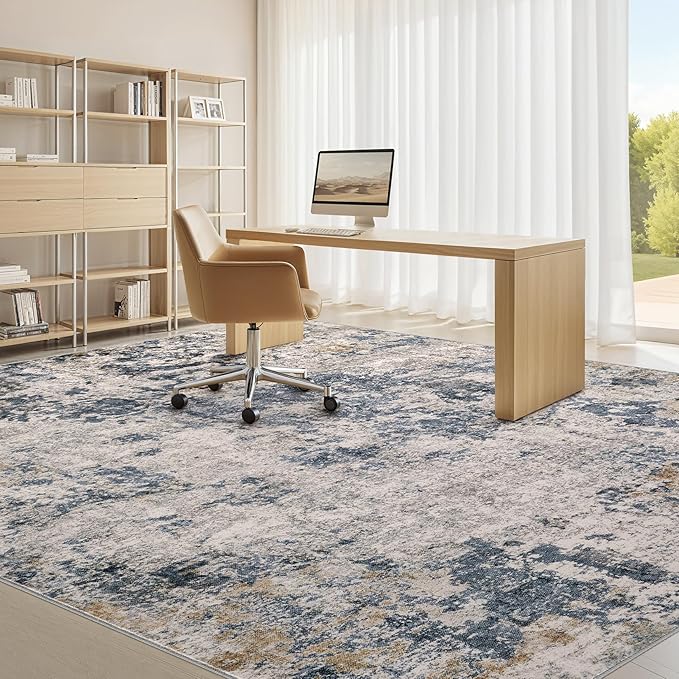 Area Rugs for Living Room: 10x14 Abstract Washable Rug Large Soft Stain Resistant Non-Slip Backing for Bedroom Dining Room Indoor Home Office Carpet for Kids Pet Friendly Families - Blue Brown