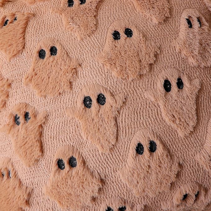 4TH Emotion Halloween Ghost Decorative Pillow Covers 20x20 Set of 2, Light Brown Soft Plush Faux Fur Farmhouse Throw Cushion Cases for Fall Autumn Holiday Home Decorations