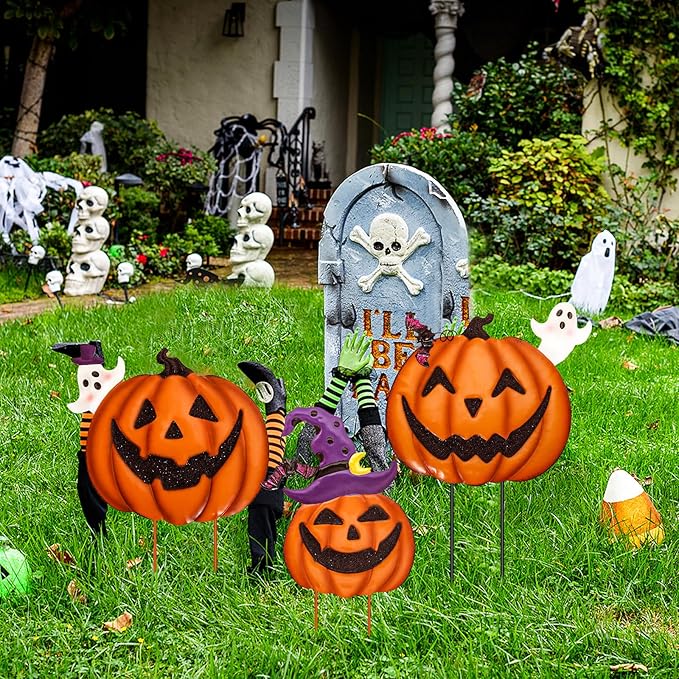 Halloween Yard Decorations Stakes, Stacked Metal Pumpkins Halloween Outdoor Decorations, Trick or Treat Yard Signs for Outdoor Lawn Patio Pathway Decor, Set of 3 Pcs