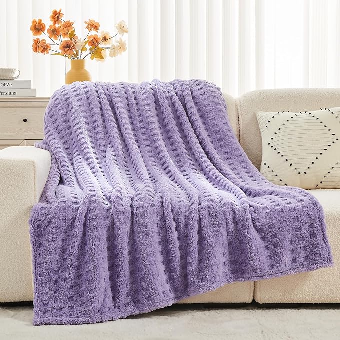 NEWCOSPLAY Super Soft King Blanket Lavender Premium Silky Flannel Fleece 3D Waffle Checkered Lightweight Bed Blanket All Season Use (Lavender, King(90"x110"))