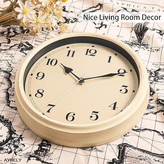 AYRELY® Decorative Vintage Wall Clock - 11Inch Silent Non-Ticking Clocks Battery Operated - Classic Decor for Living Room, Farmhouse, Kitchen, Bedroom, Bathroom (White)