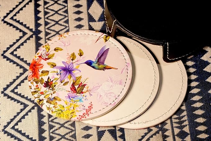 Hummingbirds Bird Flower Coasters for Drinks with Holder Leather Coasters Set of 6 Table Decor Protect Furniture from Water Marks Scratch and Damage
