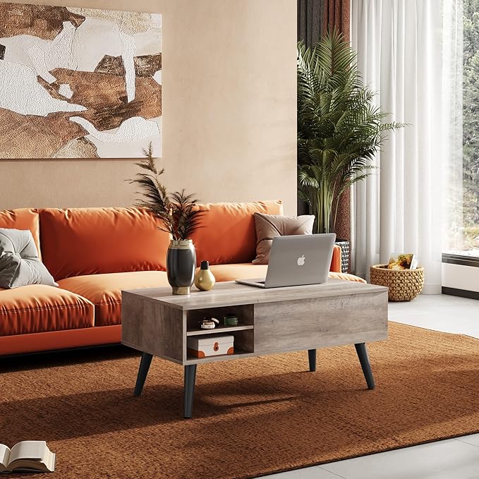 WLIVE Lift Top Coffee Table with Storage for Living Room,Small Hidden Compartment and Adjustable Shelf,Mid Century Modern ,Wood,Greige