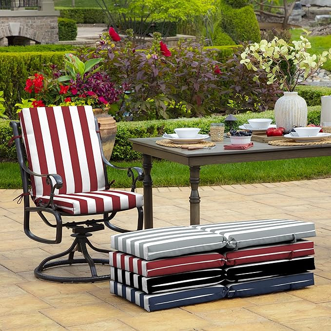 Arden Outdoor Dining Chair Cushion, 20 in x 20 in, Weather-Proof, Rain-Proof, Fade Resistant Patio Cushion for Patio, Dining, or Rocking Chairs 20 x 20, Ruby Red Cabana Stripe