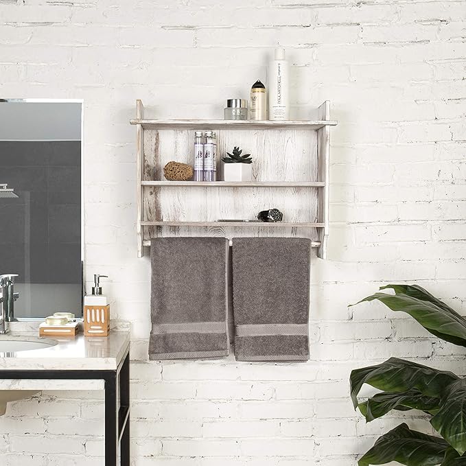 MyGift 3 Tier Wall Mounted Shabby White Washed Solid Wood Bathroom Storage Shelves, Wooden Floating Shelf Toilet Paper Holder Rack with 23 Inch Wide Towel Hanging Bar