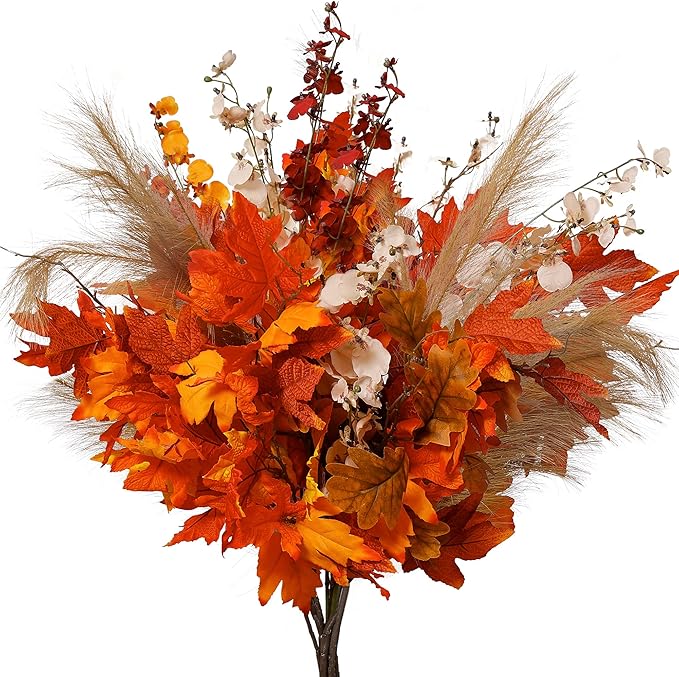 MISSPIN Thanksgiving Decorations - 9Pcs Fall Decor Artificial Flowers Orchid Maple Leaves Stems Set Fall Stems Faux Reed Maple Leaves for Wedding Bouquet Table Centerpieces Autumn