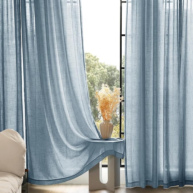 Dusty Blue Linen Curtains for Living Room Back Tab Light Filtering Semi Sheer Light Blue Bedroom Curtain Linen Cotton Textured Grey Blue Drapery Panel Airy Modern Farmhouse Aesthetic Decor 52x102 Long