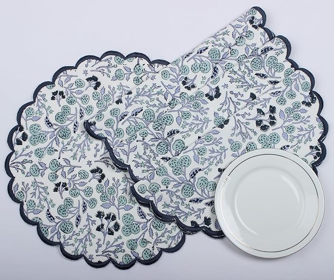 Ridhi Bo-ho Round Place Mat Double Layer Floral Cotton Washable Placemats 15" Round Embroidery Block Print Table Mat (Pack of 4-15 Inch Round, Denim Blue)