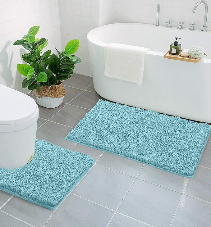LuxUrux Bathroom Rugs Sets 2 Piece: Quick Dry, Soft Plush Anti-Slip, Super Absorbent. Includes Rectangular (31x20 inches) & U-Shaped Toilet Mat (20x20 inches) | Spa Blue