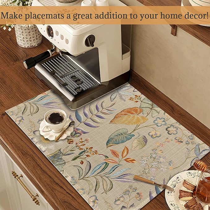 Colorful Flower and Leaf Placemats Set of 6 Place Mats for Kitchen Table Washable Farmhouse Linen Table Mats Dining Decoration 12x18 Inch