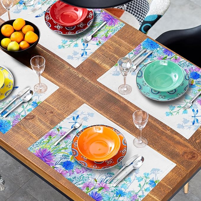 Blue Purple Floral Placemats for Dining Table Set of 4, Butterfly Decoration Spring Seasonal Washable Table Mats for Home Party Kitchen Indoor 12 x 18 Inch