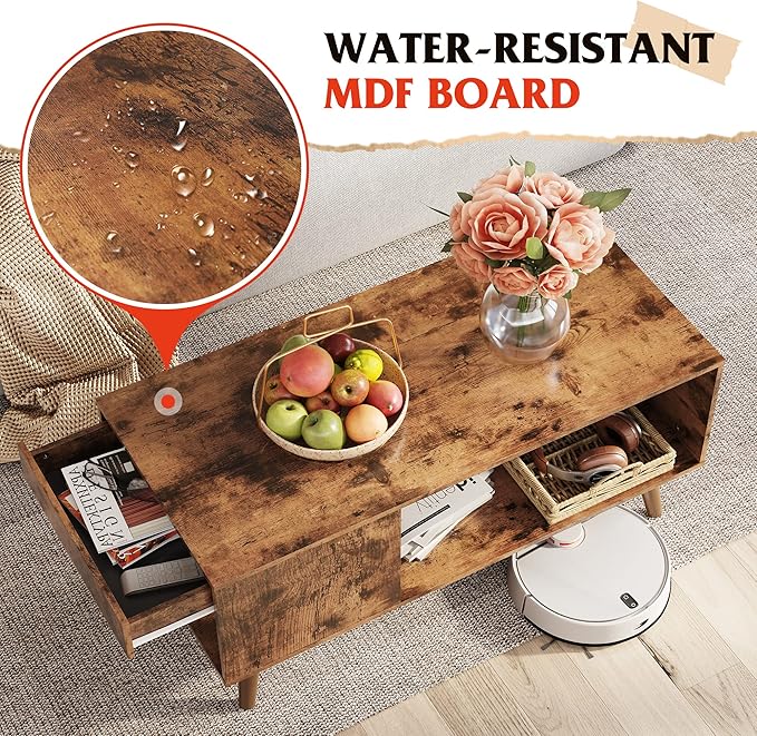 WLIVE Coffee Table, 39.4" Wood Coffee Table with Sliding Top up to 50" TV, Modern Center Table with Open Storage Shelf for Living Room, Bedroom, Rustic Brown