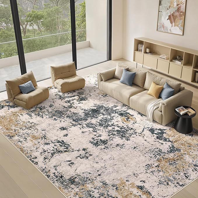 Area Rugs for Living Room: 10x12 Abstract Washable Rug Large Soft Stain Resistant Non-Slip Backing for Bedroom Dining Room Indoor Home Office Carpet for Kids Pet Friendly Families - Grey Gold