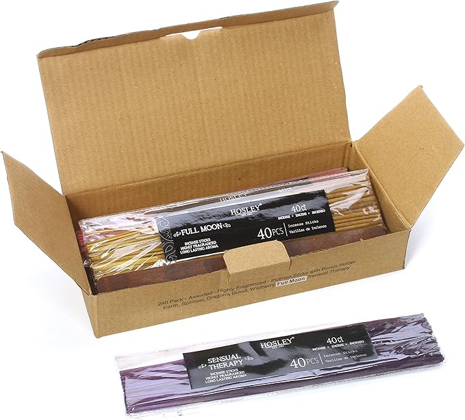 Hosley 240 Pack Assorted Highly Fragranced Incense Sticks Dragon's Blood, Earth, Full Moon, Sensual Therapy, Spiritual, Wildberry Ideal for Meditation Aromatherapy