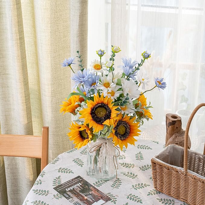 Faux Flowers with Vase, Artificial Silk Sunflower in Vase Centerpiece Coffee Table Decor, Fake Plant Daisy Flower Arrangement for Fall Decorations Indoor Home Office Living Room Farmhouse