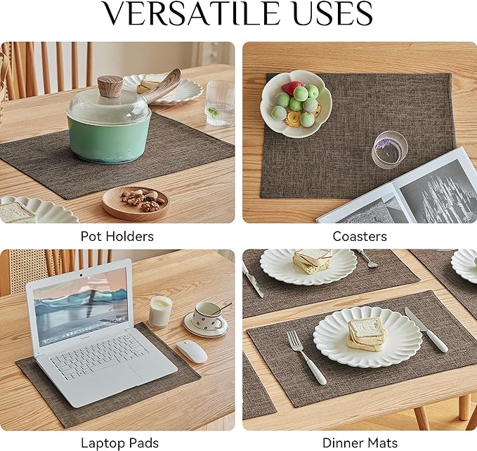 Softalker Faux Linen Placemats Set of 8-12 x 18 Inch, Heat Resistant Double Layered Durable Burlap Farmhouse Place Mats, Non-Slip Washable Rustic Table Mats for Dining, Kitchen, Party(Brown