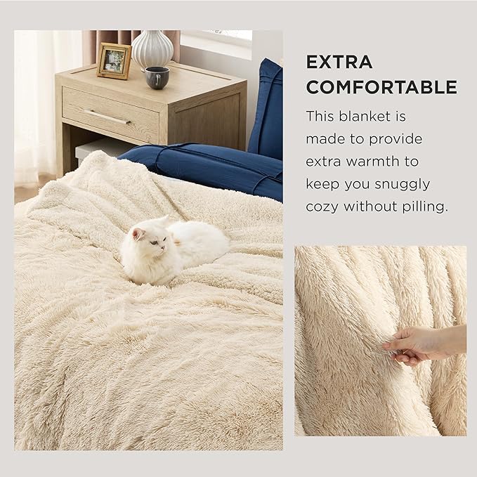 Bedsure Fluffy Beige Blankets Queen Size for Bed, Thick Sherpa Faux Fur Fleece Fuzzy Plush Winter Warm Heavy Soft Full Queen Blankets, Bedroom Decor Beige Gifts Cozy Gifts for Women Men, 90x90