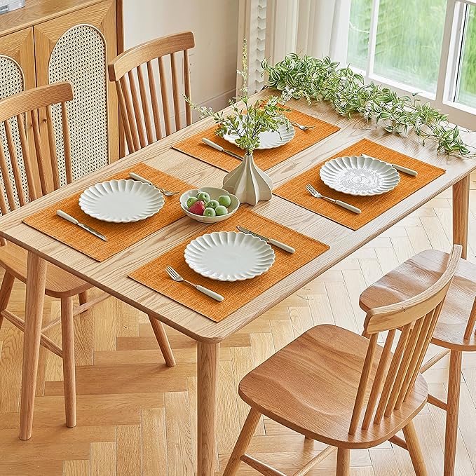 Softalker Faux Linen Placemats Set of 8-12 x 18 Inch, Heat Resistant Double Layered Durable Burlap Farmhouse Place Mats, Non-Slip Washable Rustic Table Mats for Dining, Kitchen, Party(Orange